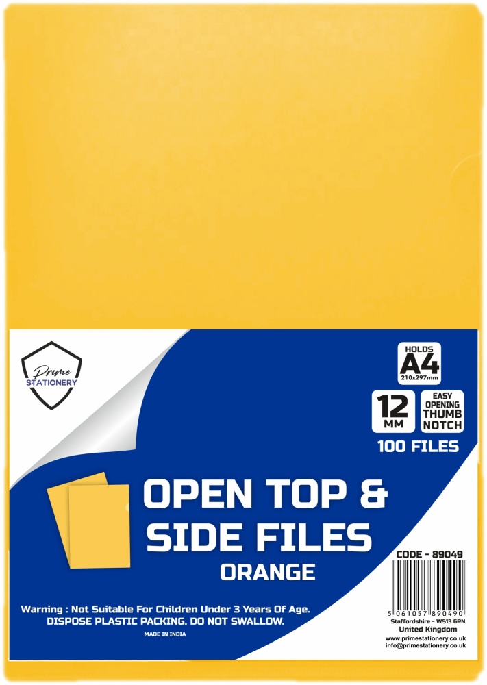 Prime A4 Open Top and Side Files Orange Pack of 100